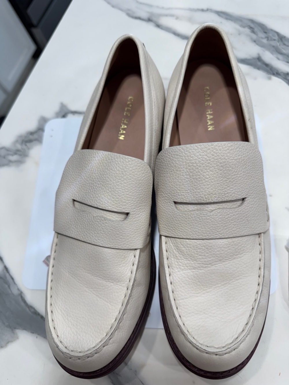 Cole Haan Cream Pebbled Leather Penny Loafers